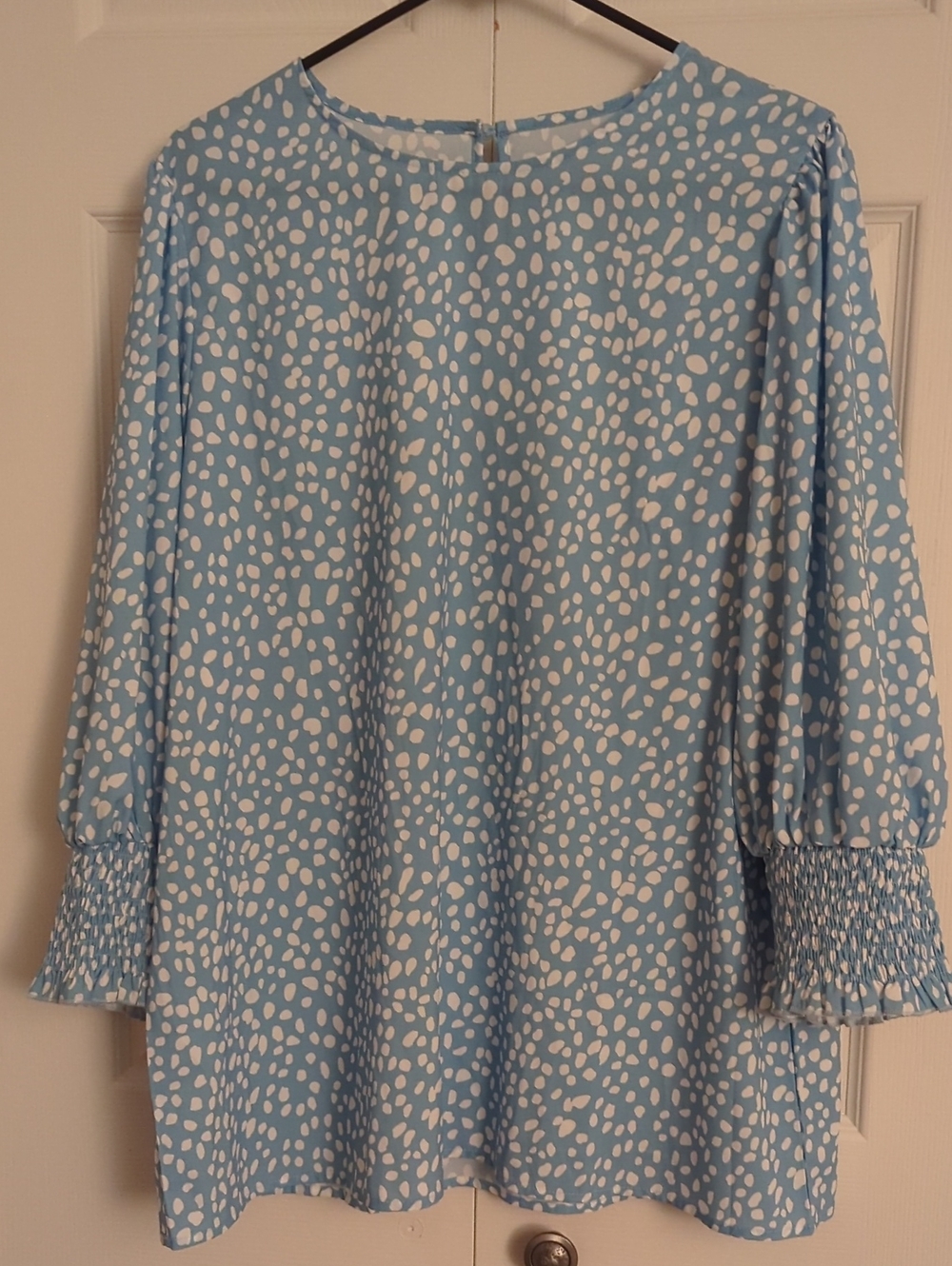 Light Blue and White Printed Long-Sleeve Women's Blouse